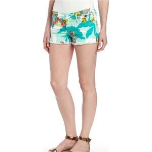 Roxy Denim Teal Tropical Hula Girl Graphic Cut Off Shorts Size 5/27 Low Rise